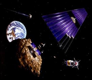 "Asteroid 1" - artist concept of asteroid mining mission to an Earth approaching asteroid.NASA sponsored a study on space manufacturing held at Ames Research Center (ARC) June1977, commissioned painting by - Denise Watt.