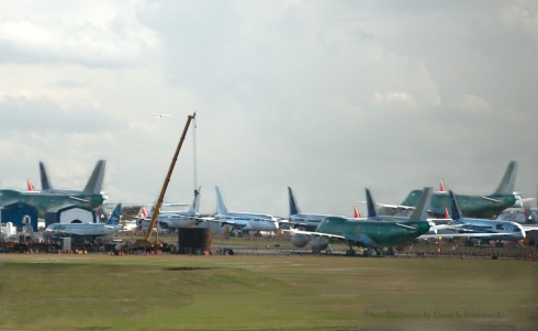 Photo-illustration of an aircraft end-of-life center (aircraft boneyard.)